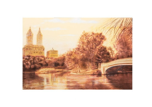 Drawing of Central Park. Central Park picture signed by the artist. Hand-drawn sepia drawing of Central Park. New.