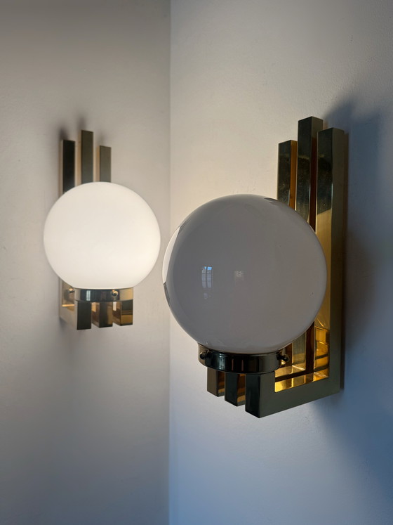 Image 1 of Opaline brass wall lights from the 1970s