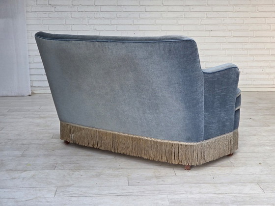 1970s, Danish 2-seater sofa, furniture velour, beech wood., 2 seaters, Velvet, Blue (photo 12 of 21)