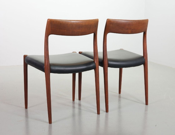 Image 1 of Mid-Century Scandinavian Niels Otto Moller Teak Wooden Dining Chairs with Black Leather Upholstery, Model 77. Set of 4.
