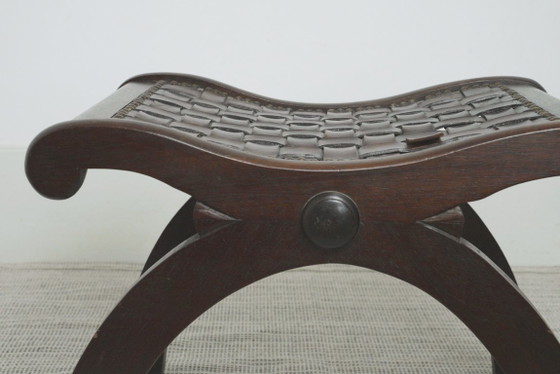 Spanish Revival Leather Stool Woven Leather Footstool Vintage Spanish Colonial Ottoman Rustic Wood Accent (photo 19 of 19)