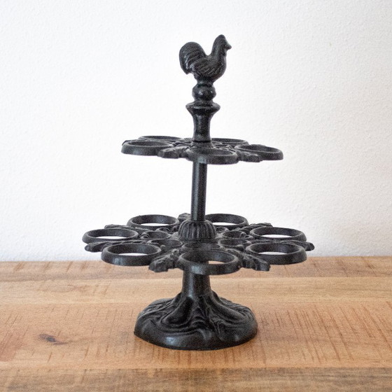 Image 1 of Vintage French Cast Iron Egg Stand with Rooster