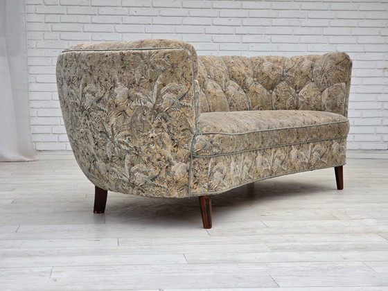 Image 1 of Anni '70, divano danese a 3 posti curvo, tessuto originale multicolore, legno di faggio.