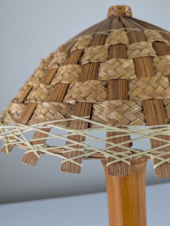 Image 1 of Bamboo and Rattan Table Lamp with Woven Shade, 1950s
