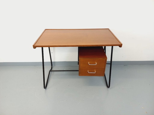 Bureau Double-Face Moderniste Vintage en Bois d’Acajou Style Teck et Métal Noir des Années 60