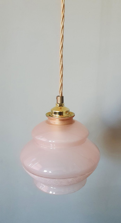 Vintage pink pendant lamp - opaline glass with frosted decorative edge