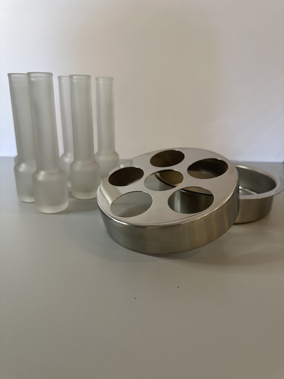 Image 1 of  Set da liquore vintage MORINOX anni 70 80 acciaio 18/10 e vetro acidato (6 pezzi)
