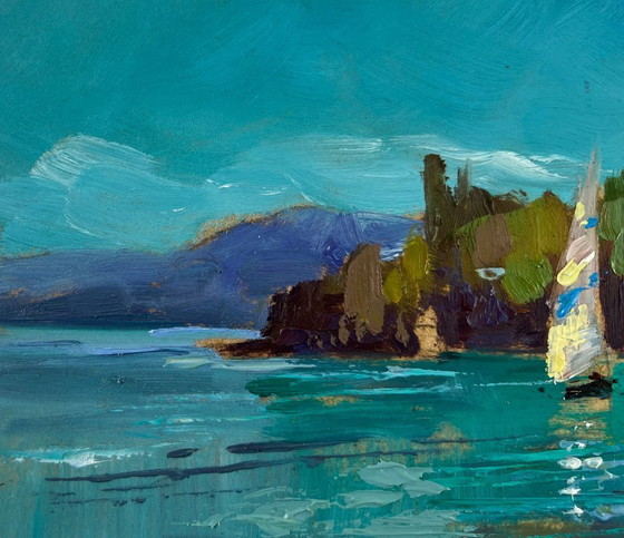 Image 1 of Original Oil Painting Summer Coastal Landscape Sailboat at Sea