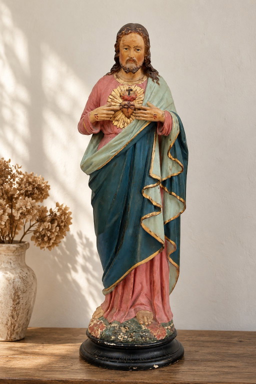 Große antike französische Herz-Jesu-Statue von Puccini, 62 cm, um 1900