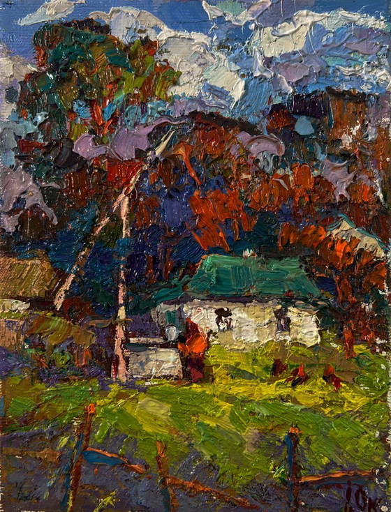 Original Oil Painting Autumn Village Landscape Country Day Near The Well – Paintings & Drawings, Canvas (photo 3 of 8)