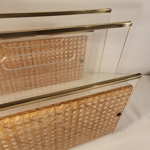 Brass & Lucite Magazine Rack with Wicker Panels c.1970
