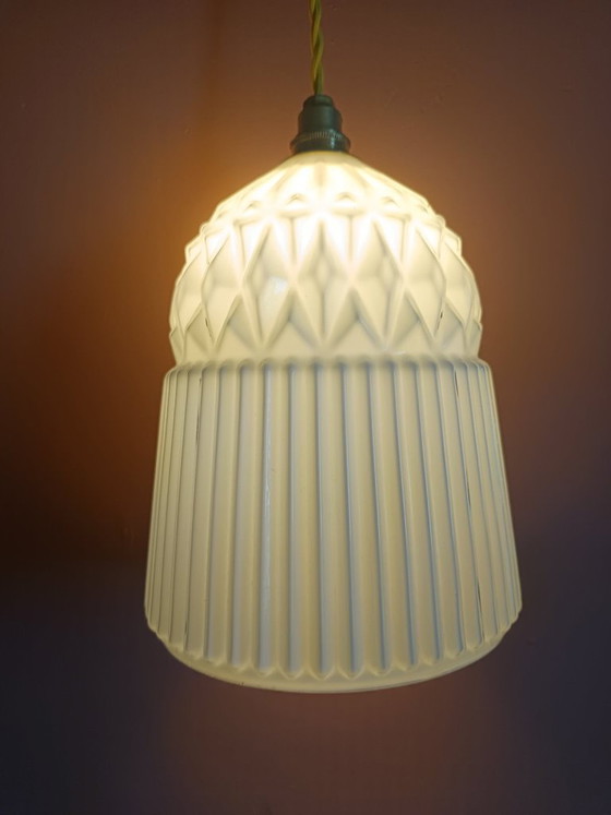 Image 1 of 2x vintage white glass pendant lights