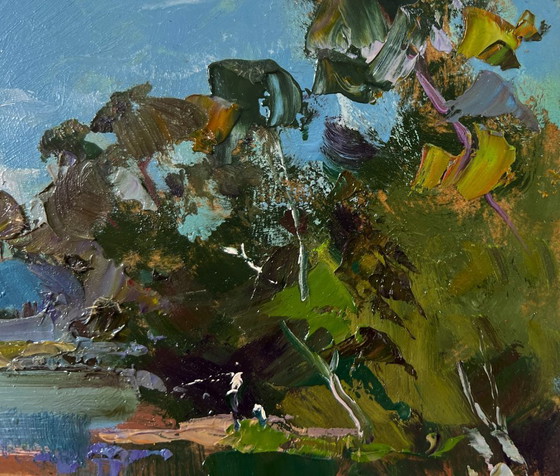 Image 1 of Original Oil Painting Summer Nature Landscape River with boats along the shore