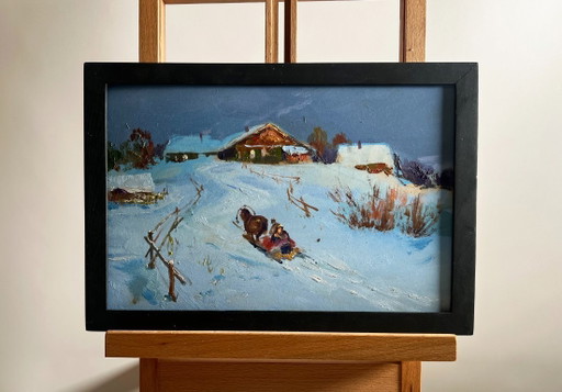 Original Oil Painting Winter Village Landscape Cozy winter evening