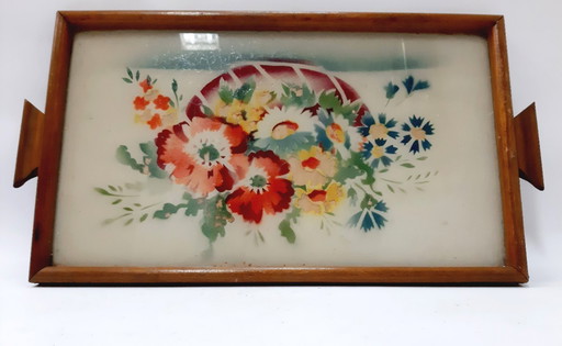 Antieke houten serveerschaal met handbeschilderde bloemen onder glas