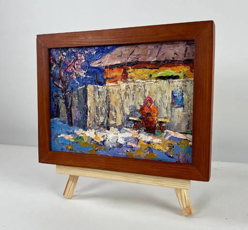 Original Oil Painting Winter Village Landscape Warm evening in grandma's house