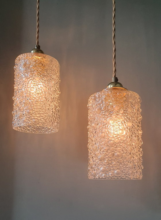 Set of 2 Vintage Glass Pendant lamps - Bubble Glass Texture (photo 3 of 26)
