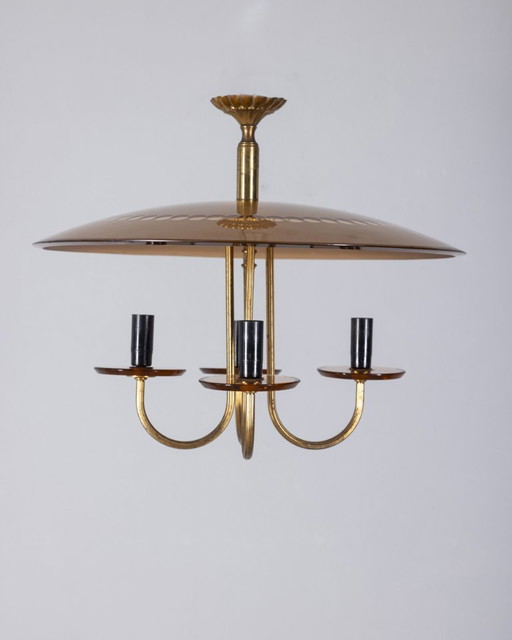 Vintage 1950s brass and pink glass chandelier Italian design