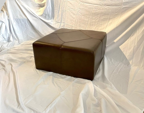 Vintage dark brown leather pouf, geometric stitching, Footstools & poufs (photo 2 of 6)