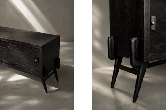 Image 1 of Vintage Mid-Century Modern Scandinavian Dark Oak Sideboard with Wooden & Metal Handles, 1960s