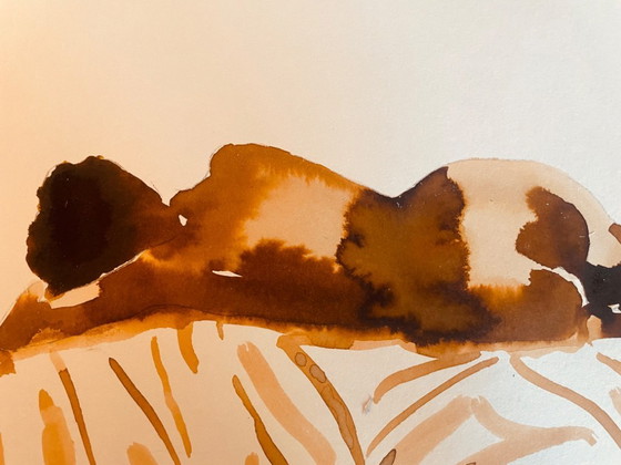 Image 1 of Aquarelle monochrome couleur tabac portrait féminin « sieste au Kenya »