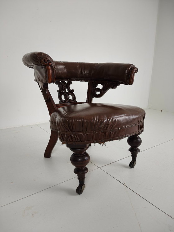 Antique Leather Armchair by Robson & Son – Carved Wood & Castors, Newcastle (photo 3 of 11)