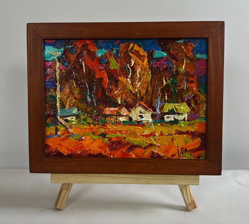 Original Oil Painting Evening Field Landscape Crimson autumn in the village