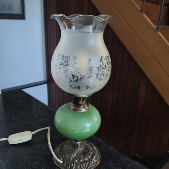 Image 1 of Vintage Green Opaline Table Lamp with Etched Frosted Glass Shade – Electric Oil Lamp Style – 30 cm