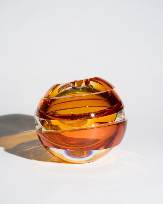 Image 1 of Rosenthal Creative Center "Blockglas" Amber Globe Vase Monumental Optical Glass