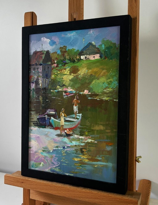 Original Oil Painting Coastal Village Landscape Girls sailing in a boat