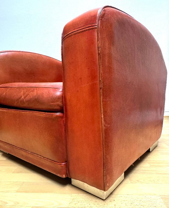 Image 1 of Brocantique Jacques Adnet Art Deco Set: Leren bank, fauteuil en poef