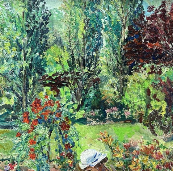 Image 1 of Vintage modernistisch olieverfschilderij uit de jaren 80 met een tuinlandschap vol bloemen, gesigneerd.