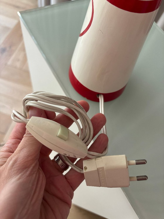 Tischlampe mit puppenförmigem Sockel, Rot und Weiß, Tischlampen, Holz, Stoff, Vintage (Foto 9 von 12)