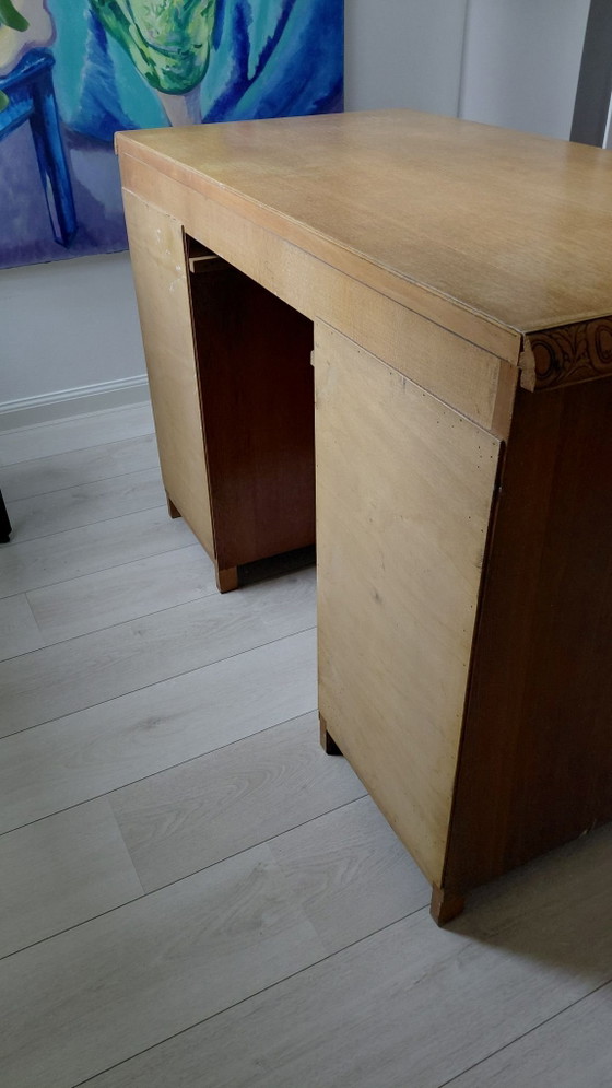 Escritorio clásico Art Déco / Escuela de Ámsterdam de doble pedestal, Roble años 30, Metal, Madera, Marrón (foto 9 de 12)