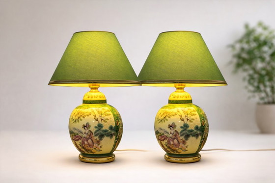 Image 1 of Juego de 2 lámparas de mesa decorativas de cerámica con pantallas turquesa y verde