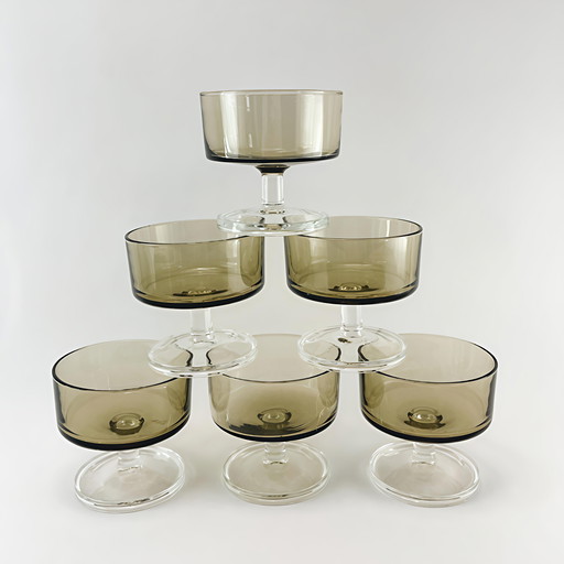 Original Seventies Luminarc Cavalier foot glasses in smoked glass , set of 6