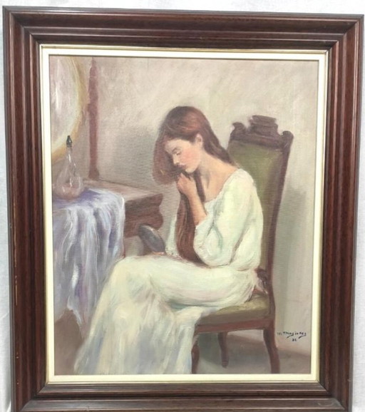 Antiek Frans olieverfschilderij uit het begin van de 20e eeuw, portret van een vrouw.