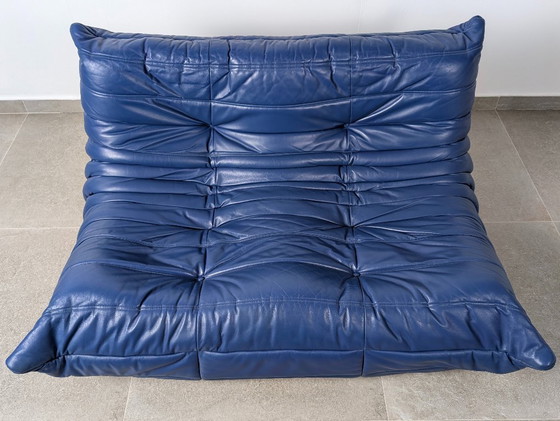 Image 1 of Michel Ducaroy Togo Loveseat in blauw leer voor Ligne Roset, Frankrijk, jaren 80