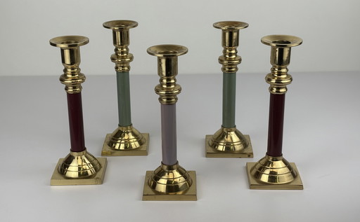 5 x Caravell vintage colored brass candlesticks