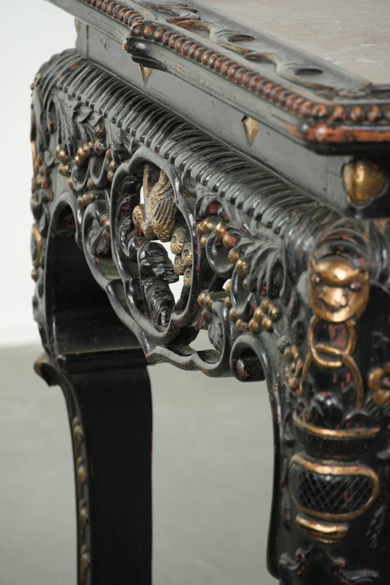 Image 1 of Schitterende niet veel voorkomende kleurrijke antieke Chinese 19e eeuwse houten sidetable/ opiumtafel met een marmeren blad