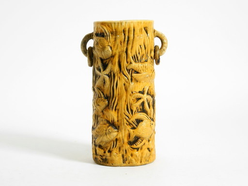 Beautiful large handmade glazed ceramic floor vase, handled vase with maritime fish and starfish motifs | Mid Century Modern