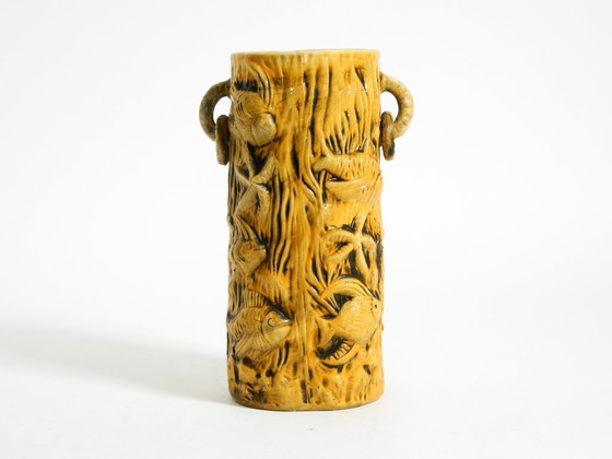 Image 1 of Beautiful large handmade glazed ceramic floor vase, handled vase with maritime fish and starfish motifs | Mid Century Modern