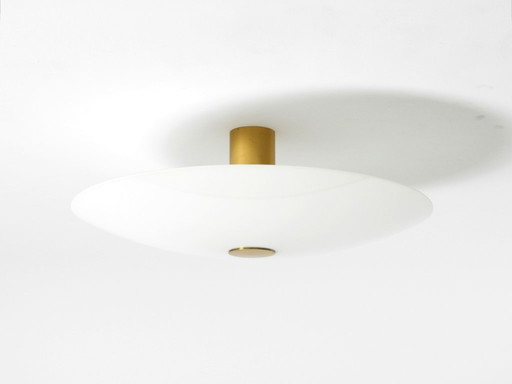 Large 80s Florian Schulz, Gela 55, brass opal glass round ceiling lamp with five E27 sockets