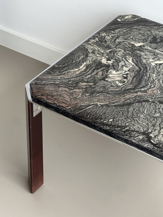 Image 1 of Table basse vintage en marbre métal chrome bois carré 70's