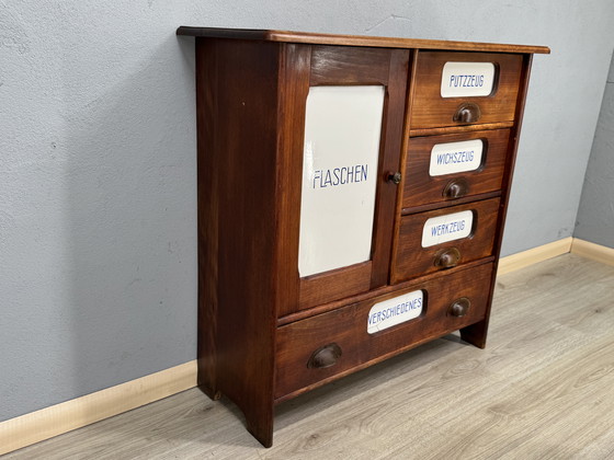 Image 1 of Antique kitchen cabinet with porcelain drawer plates | ca. 1900-1930