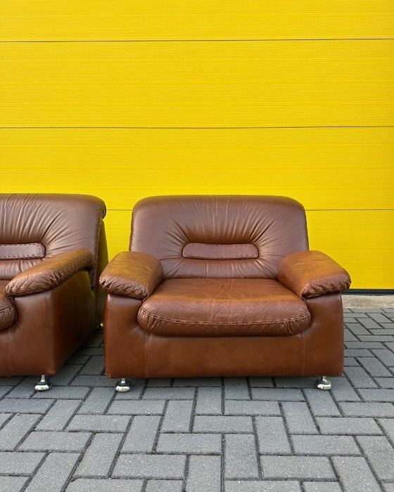 Vintage brown leather Danish lace Armchairs 70s (photo 3 of 21)