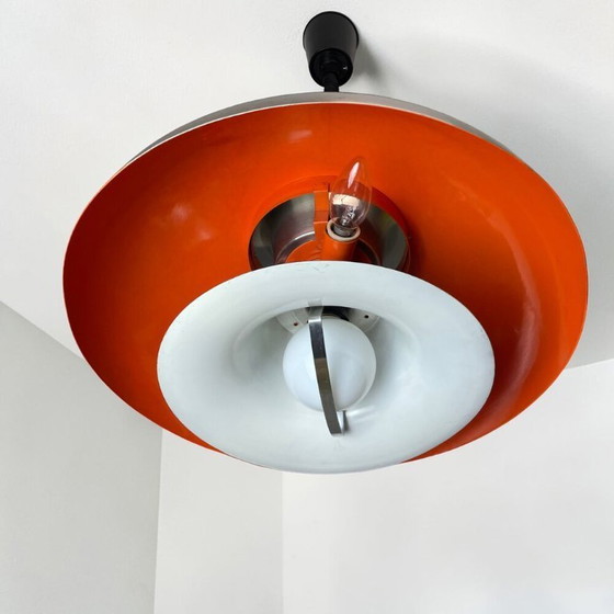 Scandinavian Modern Danish Brushed Aluminium Silver And Red Rise And Fall 4-Light Hanging Lamp, 1970s (photo 6 of 17)