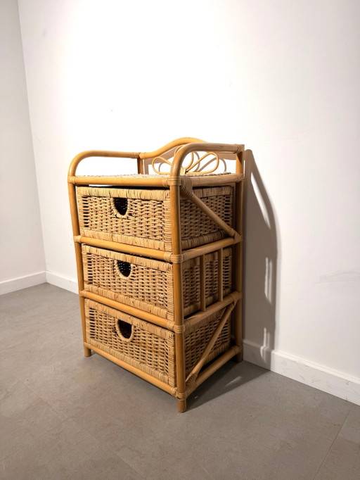Cómoda vintage de tres cajones de ratán y mimbre – ladekasten
