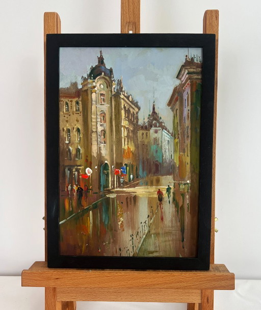 Original Oil Painting Gloomy City Landscape A quiet corner of the old town