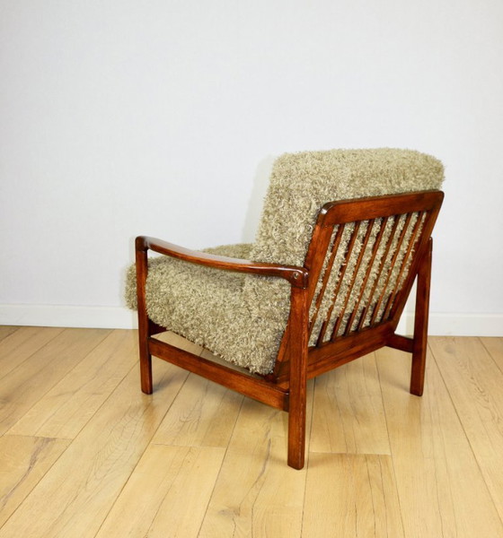 Image 1 of Fauteuil vintage en bois marron, cheveux longs vert olive, design de Z. Bączyk - 2 exemplaires disponibles